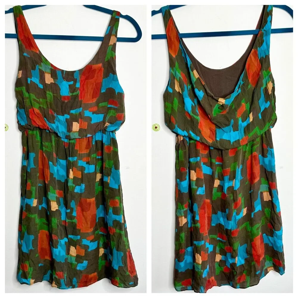 Alice + Olivia Multicolor Short Dress Size XS/S 100% Silk Brown Artsy Geometric - Picture 1 of 9